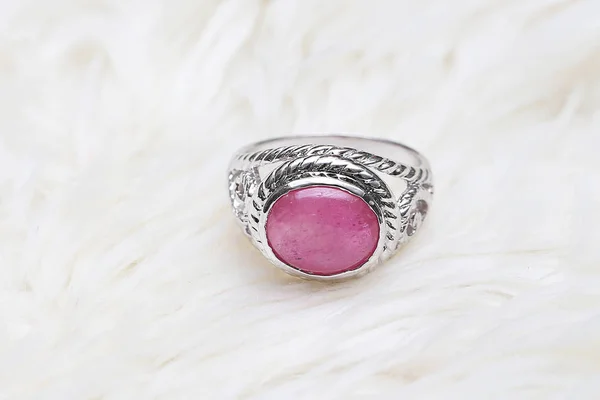 Pink stone on silver ring — 스톡 사진