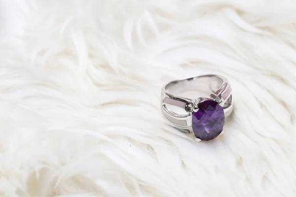 Purple gemstone on silver ring — Stock Photo, Image