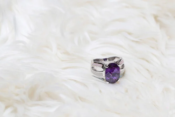 Purple gemstone on silver ring — 스톡 사진