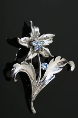 Gümüş çiçekli ve mücevherli bir broş.