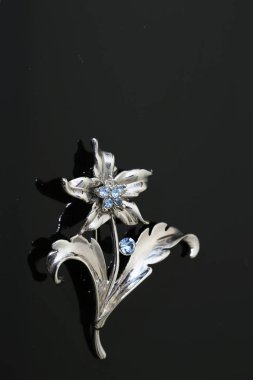 Gümüş çiçekli ve mücevherli bir broş.