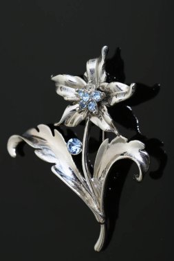 Gümüş çiçekli ve mücevherli bir broş.