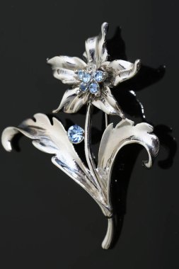 Gümüş çiçekli ve mücevherli bir broş.