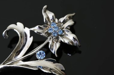 Gümüş çiçekli ve mücevherli bir broş.
