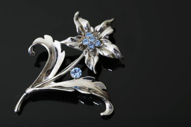 Gümüş çiçekli ve mücevherli bir broş.