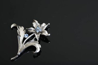 Gümüş çiçekli ve mücevherli bir broş.