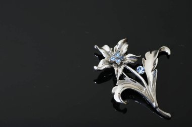 Gümüş çiçekli ve mücevherli bir broş.