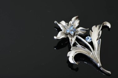 Gümüş çiçekli ve mücevherli bir broş.