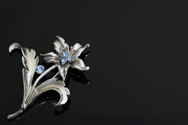 Gümüş çiçekli ve mücevherli bir broş.