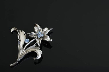 Gümüş çiçekli ve mücevherli bir broş.