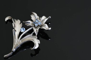 Gümüş çiçekli ve mücevherli bir broş.