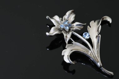 Gümüş çiçekli ve mücevherli bir broş.