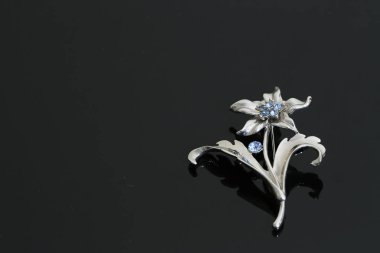 Gümüş çiçekli ve mücevherli bir broş.