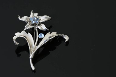 Gümüş çiçekli ve mücevherli bir broş.