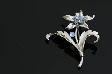 Gümüş çiçekli ve mücevherli bir broş.