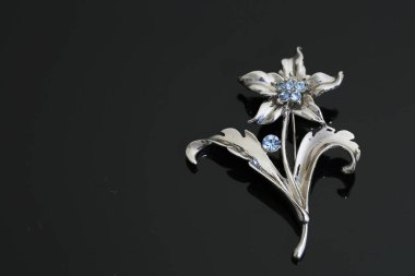 Gümüş çiçekli ve mücevherli bir broş.