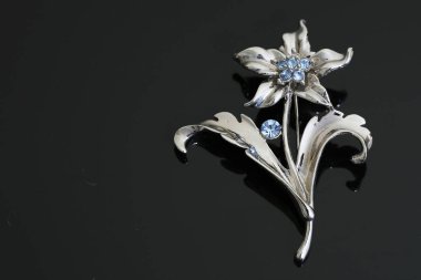Gümüş çiçekli ve mücevherli bir broş.