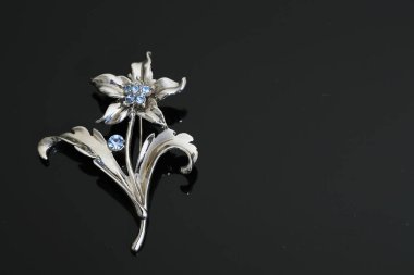 Gümüş çiçekli ve mücevherli bir broş.