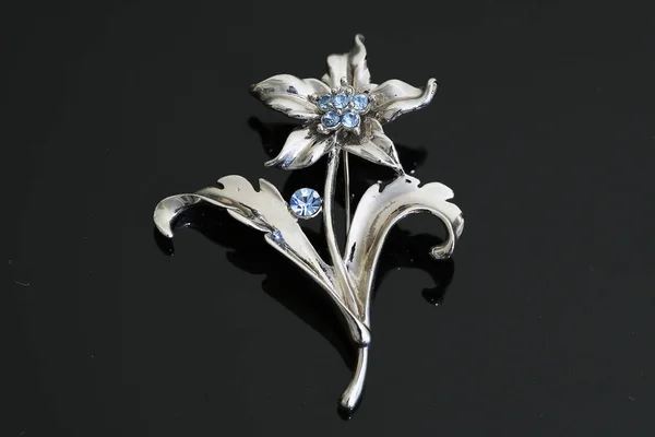 Brooch with silver flowers and jewellry — 스톡 사진