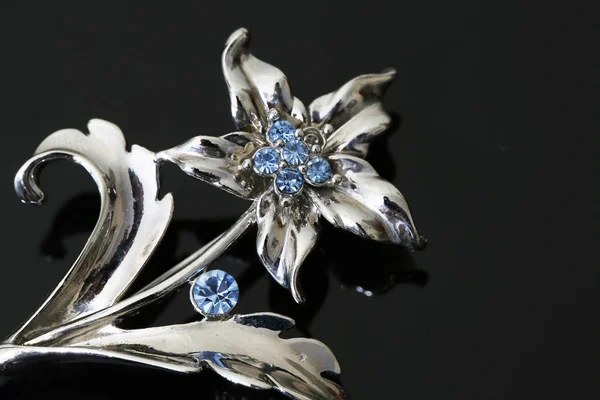 Gümüş çiçekli ve mücevherli bir broş. — Stok fotoğraf