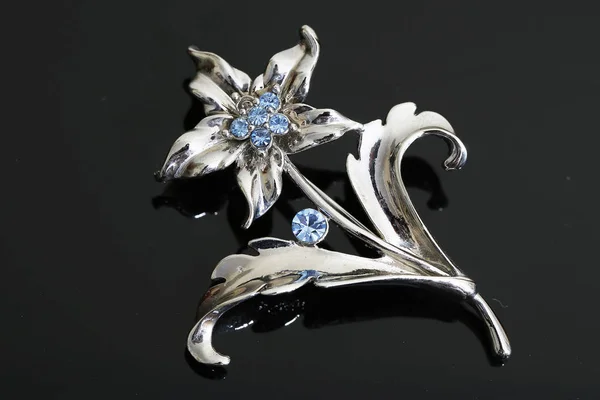 Broche met zilveren bloemen en juwelen — Stockfoto