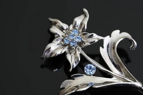 Broche avec fleurs argentées et bijoux — Photo