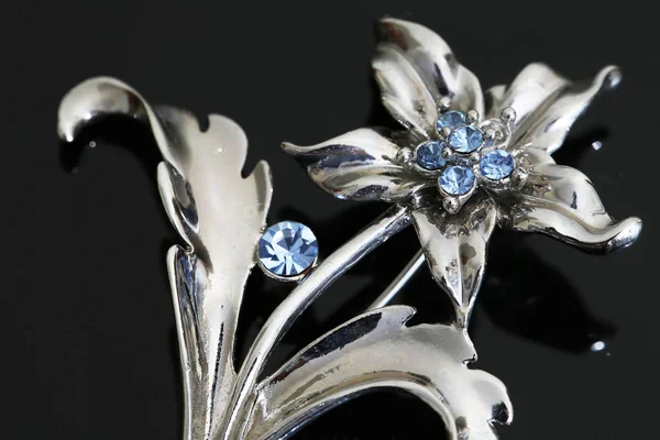 Gümüş çiçekli ve mücevherli bir broş. — Stok fotoğraf