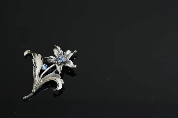 Brosch med silverblommor och smycken — Stockfoto