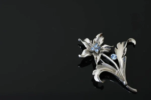 Melltű ezüst virágokkal és ékszerekkel — Stock Fotó