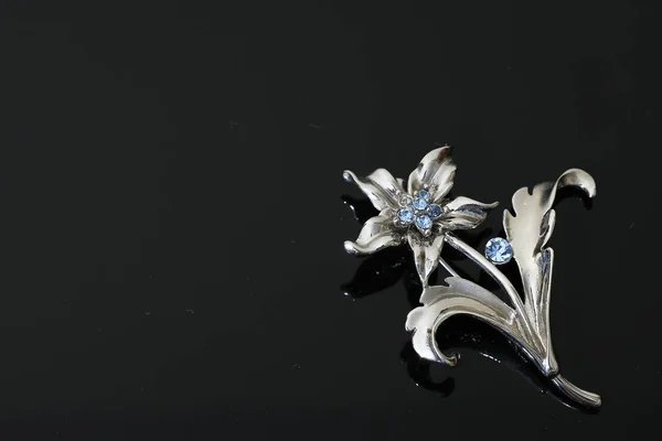 Broche avec fleurs argentées et bijoux — Photo