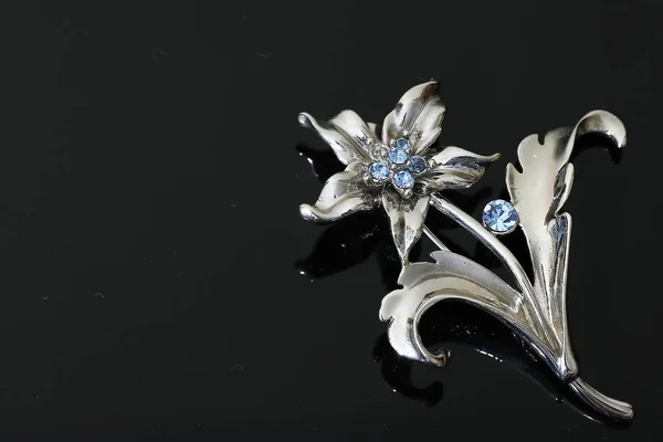 銀の花や宝石を散りばめたブローチ — ストック写真