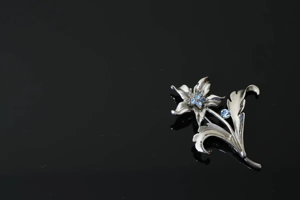 Broche avec fleurs argentées et bijoux — Photo