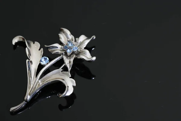 Broche avec fleurs argentées et bijoux — Photo