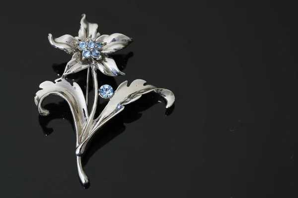 Broszka ze srebrnymi kwiatami i biżuterią — Zdjęcie stockowe