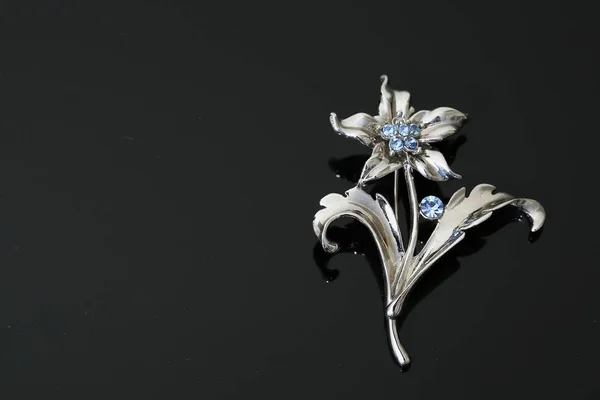 Broche avec fleurs argentées et bijoux — Photo