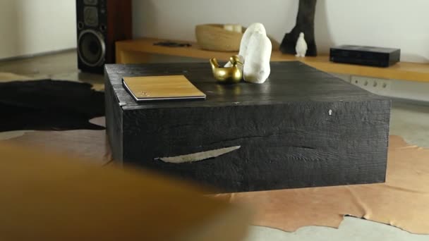 リビングルームに青銅インサート付きの焼きオークテーブル — ストック動画
