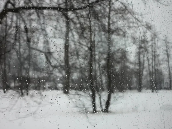 Raindrops on window with the picturesque winter landscape. — Stock Photo, Image