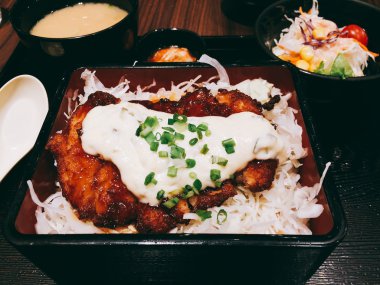 Katsudon - Japon derin kızarmış domuz pirzola Sarı sos sos haşlanmış pirinç, fotoğraf--dan hareket eden telefon ile tedavi. Koyu tonu