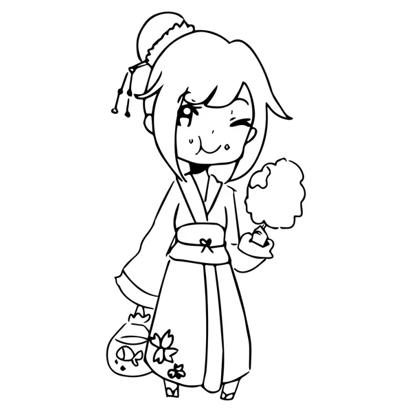 전통적인 일본 옷을 입고 사탕을 먹는 여자 그림 벡터 손으로 그려진된 낙서. — 스톡 벡터