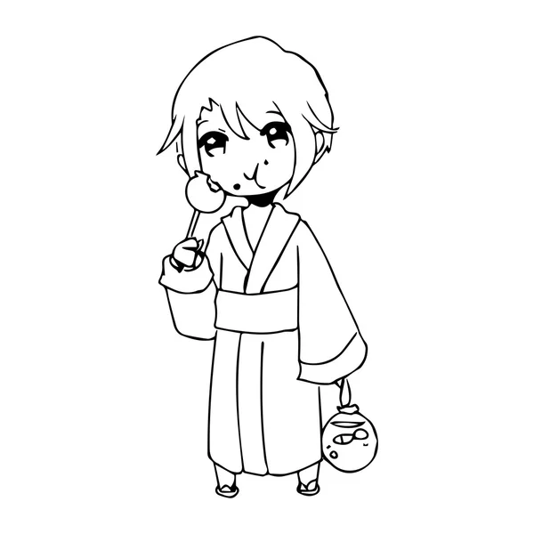 Illustration vector hand drawn doodle of girl wearing traditional japanese clothing and eating candy — Διανυσματικό Αρχείο