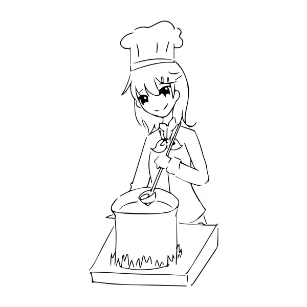 Illustration vector hand drawn doodle of chef woman in uniform cooking on pot — Διανυσματικό Αρχείο