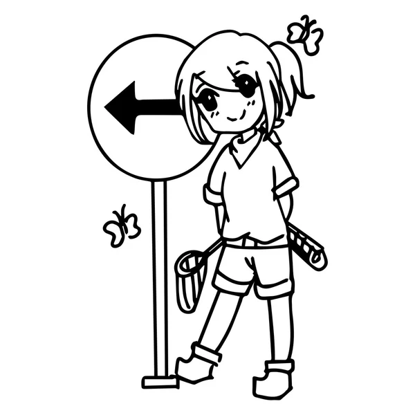 Illustration vector hand drawn doodle of happy girl holding net with road sign and butterfly — Διανυσματικό Αρχείο