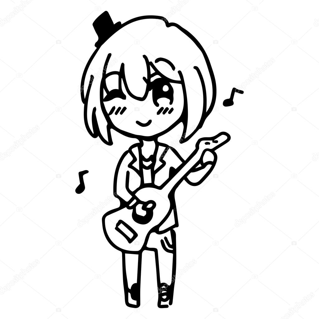 illustration vector hand drawn doodle of closeup happy girl playing guitar 