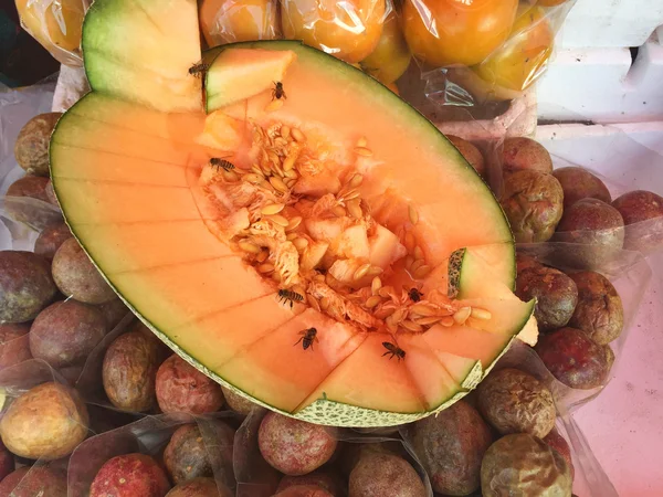 Photo horizontale du melon du Tibet avec des abeilles . — Photo