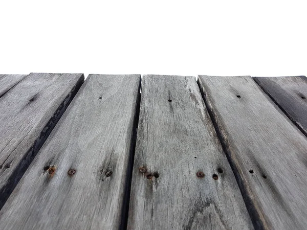Mesa de madeira velho vintage pranchado em perspectiva isolada no branco — Fotografia de Stock