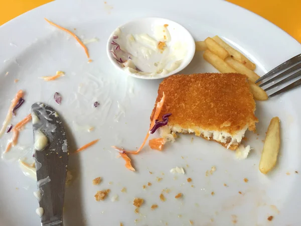 Foto horizontal de pescado frito permanece después de terminar de comer . —  Fotos de Stock