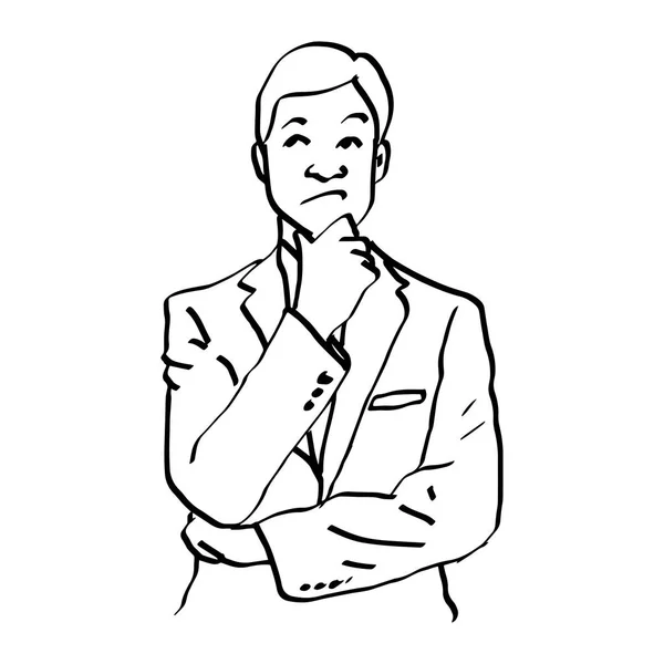 Ilustração vetor doodles mão desenhado homem pensando e descansando queixo na mão — Vetor de Stock