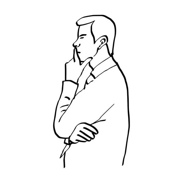 Ilustração vetor doodles mão desenhado homem pensando e descansando queixo na mão, vista lateral —  Vetores de Stock