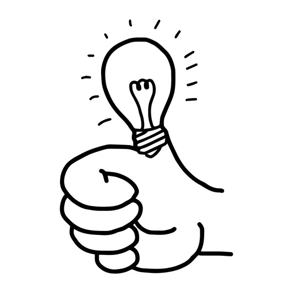 Illustration vector doodles hand drawn thumb up with a bulb instead of thumb — Stock Vector