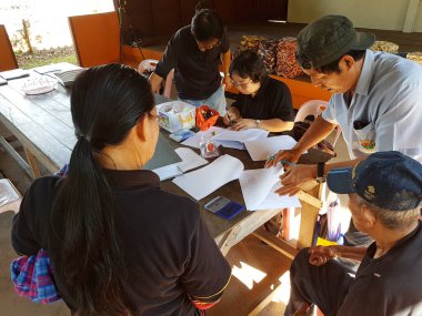 Chiang Rai, Tayland - 19 Aralık: Kimliği belirsiz kadın Asyalı doktor teşhis eski adam cüzzam 19 Aralık 2016 üzerinde Chiang rai, Tayland acı..